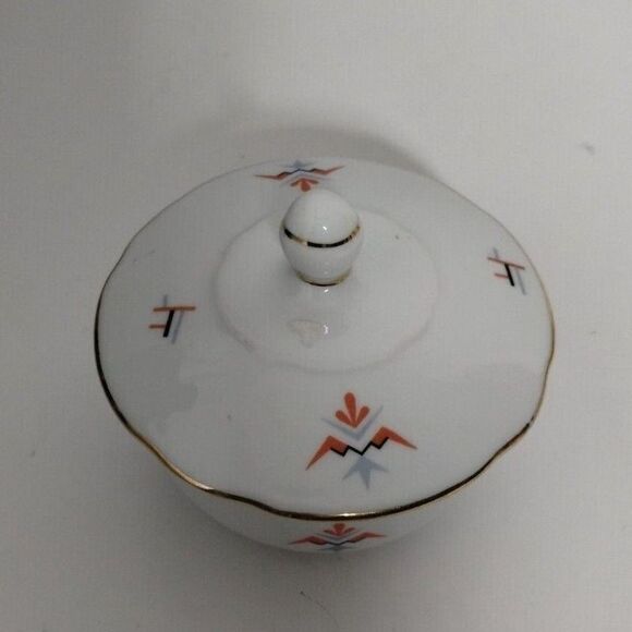 Vintage Sugar Bowl with Lid White Porcelain Gold Trim Geometric Design - Picture 2 of 10